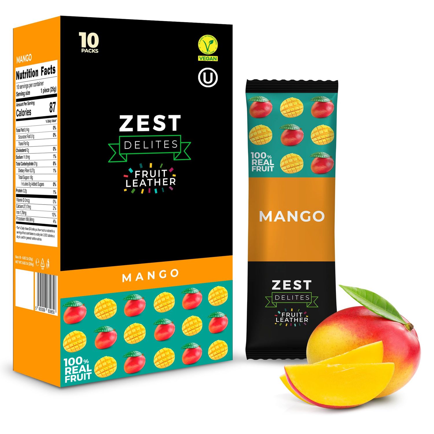 Fruit Snacks by Zest Delites, Fruit Leather, Mango Fruit Bars, Healthy Snacks for Adults, Dried Fruit No Sugar Added, Apple-Based, Mango, 0.88 oz x 10