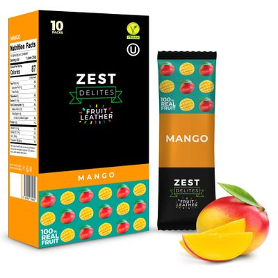 Fruit Snacks by Zest Delites, Fruit Leather, Mango Fruit Bars, Healthy Snacks for Adults, Dried Fruit No Sugar Added, Apple-Based, Mango, 0.88 oz x 10