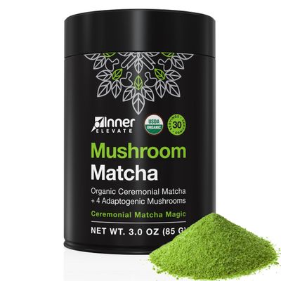 Inner Elevate Mushroom Matcha - Organic, Ceremonial-Grade Matcha Powder with 4 Superfood Mushrooms - Adaptogenic Mushroom Tea Drink with Lion&#39;s Mane, Cordyceps, Turkey Tail, Reishi (30 Servings)