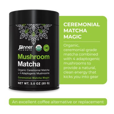 Inner Elevate Mushroom Matcha - Organic, Ceremonial-Grade Matcha Powder with 4 Superfood Mushrooms - Adaptogenic Mushroom Tea Drink with Lion's Mane, Cordyceps, Turkey Tail, Reishi (30 Servings)