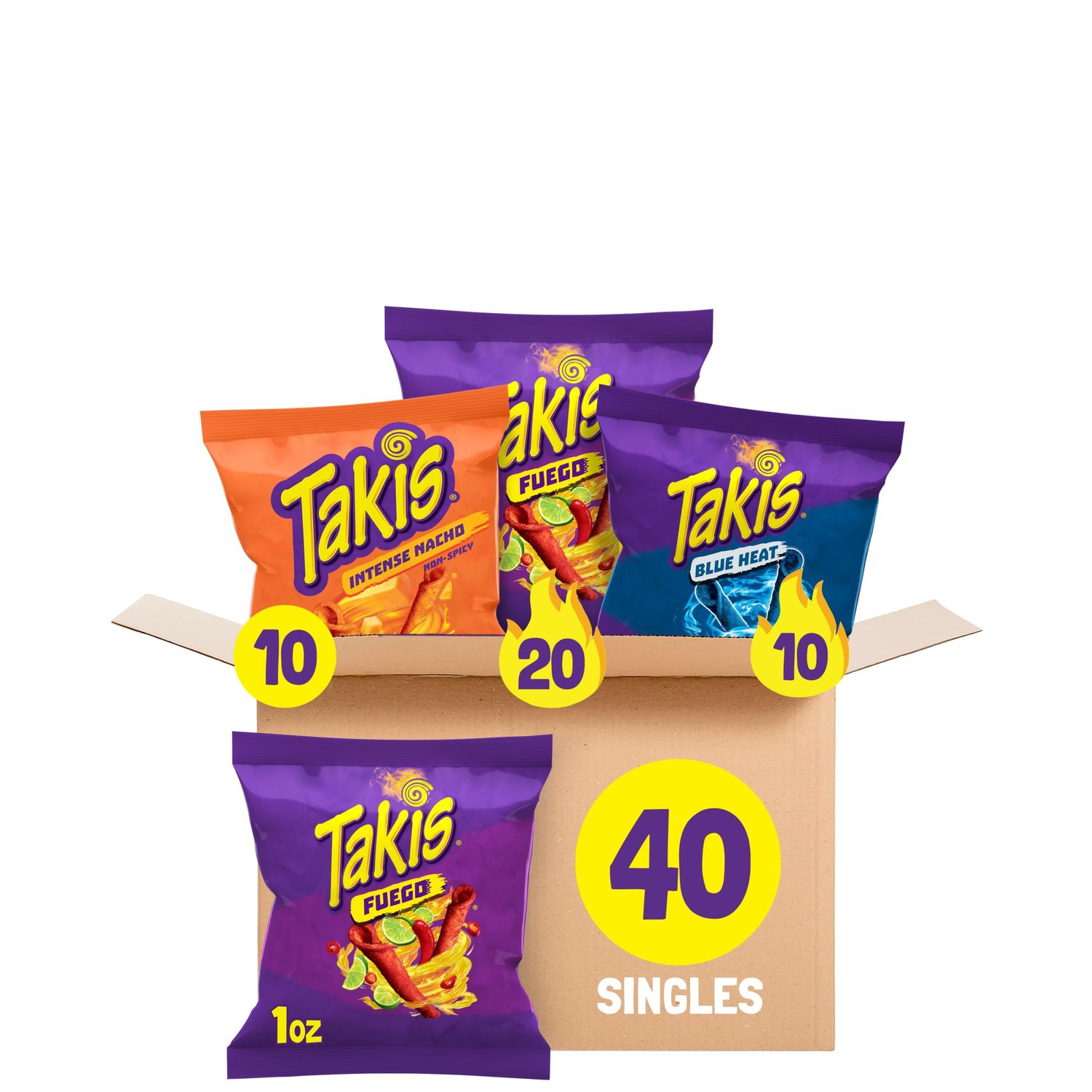 Takis 40 pc / 1 oz Hero Variety Pack, Assorted Flavored Mixed Rolled Tortilla Chips - (20) Fuego 1 oz, (10) Blue Heat 1 oz, (10) Intense Nacho 1 oz