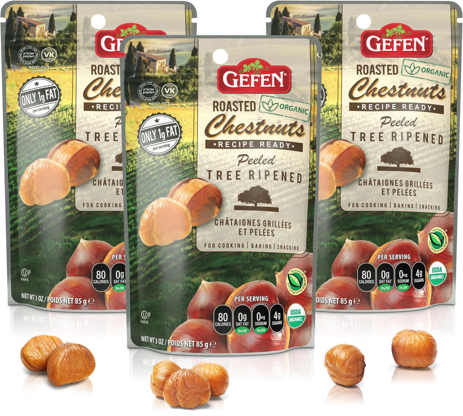 Gefen Organic Whole Peeled and Roasted Chestnuts, 3oz (3 Pack) | Chestnuts Peeled and Ready to Eat | Great for Cooking &amp; Baking | Gluten Free | Kosher