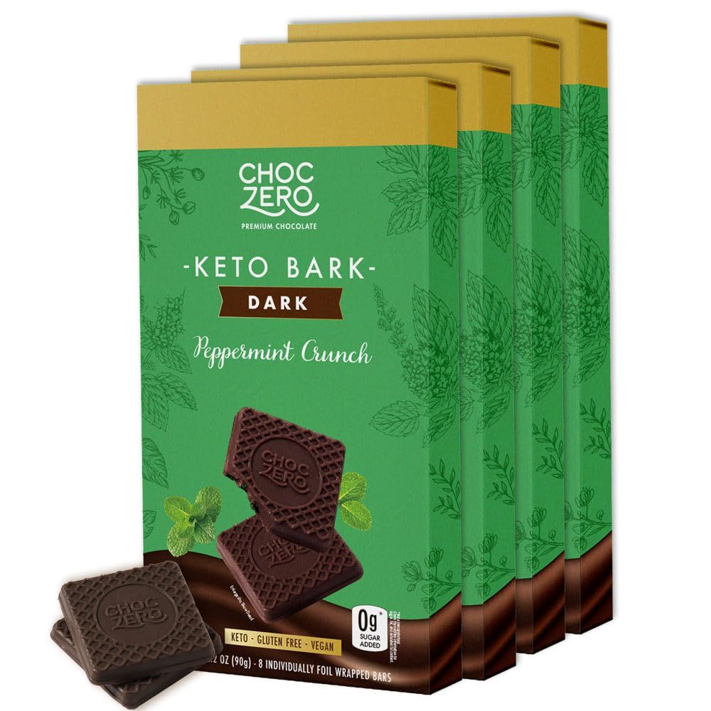 ChocZero Peppermint Crunch Keto Bark, Dark Chocolate Candy Bar, Sugar Free, Vegan, Gluten Free, 3.2 Ounce (Pack of 4)