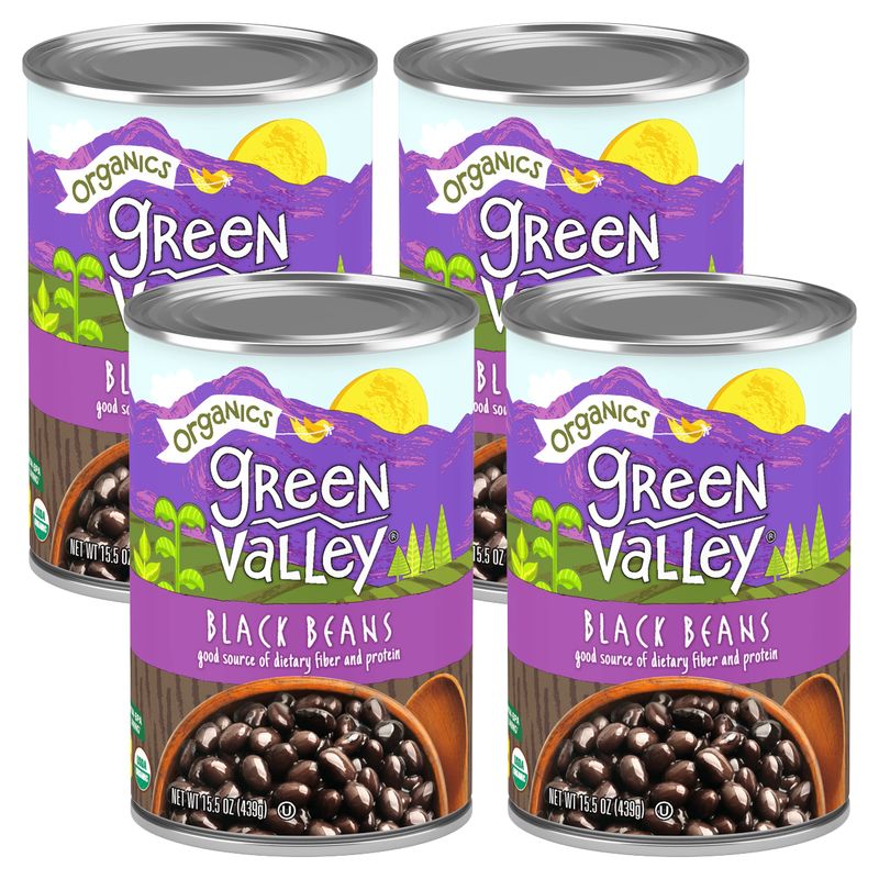 Green Valley Organics Black Beans | Certified Organic | Deliciously Tender, Creamy &amp; Mild | Deep Dark Skin | Good Source of Dietary Fiber &amp; Protein | 15.5 oz can (Pack of 4)