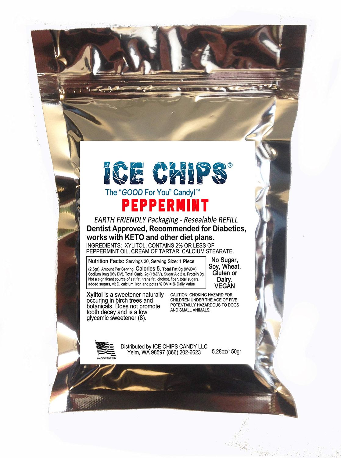 ICE CHIPS Xylitol Candy in Large 5.28 oz Resealable Pouch; Low Carb &amp; Gluten Free (Peppermint)