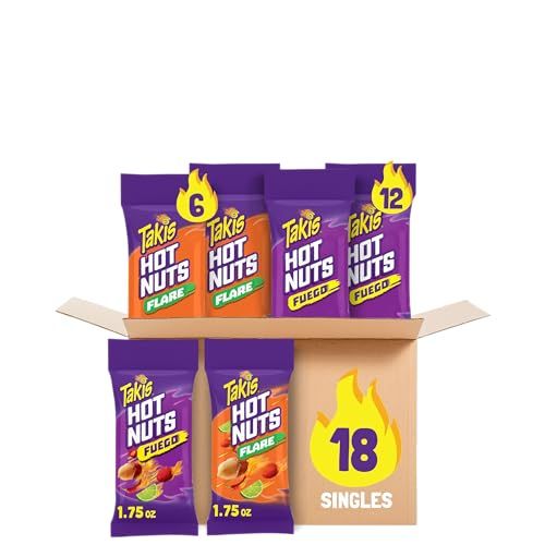 Takis Hot Nuts Fuego (12) and Flare (6) Double Crunch Spicy Peanuts, Hot Chili Pepper Lime and Chili Pepper Lime Flavored Peanuts Variety Pack, 18 Individual Bags, 1.75 Ounces Each