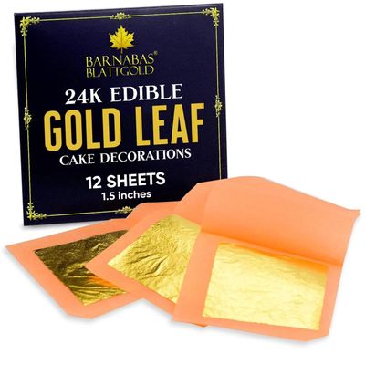 Edible Gold Leaf 24K by Barnabas Blattgold - Cake Decorations, Loose Gold Leaf Sheets for Cupcakes, 1.5 inches, Book of 12 Gold Foil Sheets