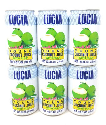 Lucia Young Coconut Juice with Pulp, Net Wt 10.5fl oz (310ml) per Can, 6 Pack
