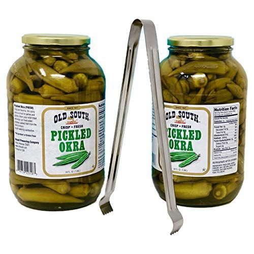 Old South Crisp Fresh Pickled Okra (2 x 64 fl oz jars) bundled with a complimentary 9 stainless steel tong - Gluten Free - Kosher