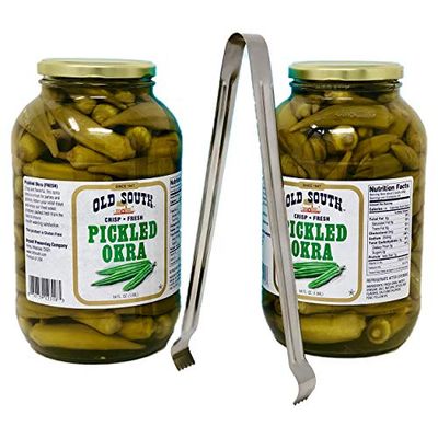 Old South Crisp Fresh Pickled Okra (2 x 64 fl oz jars) bundled with a complimentary 9 stainless steel tong - Gluten Free - Kosher