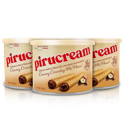 Pirucream Rolled Wafers with Chocolate Hazelnut, Organic Alkaline 100% Cocoa - No Trans-Fat, Preservatives, Colorants or Additives and without Palm Oil (300Gr/ 10.58Oz each one - 3 Pack Tin)