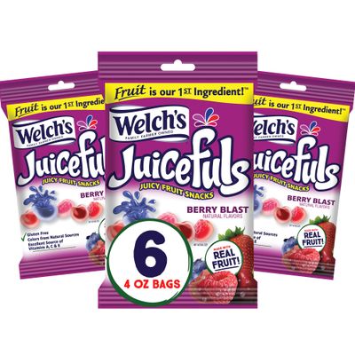 Welch&#39;s Juicefuls Juicy Fruit Snacks, Berry Blast, Fruit Gushers, Gluten Free, 4 oz Sharing Size Bags (Pack of 6)