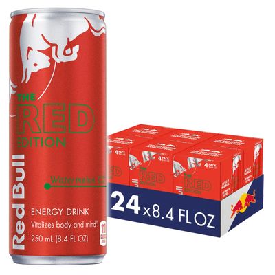Red Bull Red Edition Energy Drink, Watermelon, with 80mg Caffeine plus Taurine &amp; B Vitamins, 8.4 Fl Oz, 6 Packs of 4 Cans (Pack of 24)