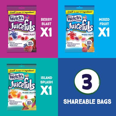 Welch's Juicefuls Juicy Fruit Snacks, Mixed Fruit, Berry Blast & Island Splash Fruit Gushers Variety Pack, Perfect for School Lunches, Gluten Free, Sharing Size Bags, 4 oz (Pack of 12)
