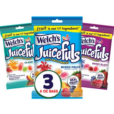 Welch&#39;s Juicefuls Juicy Fruit Snacks, Mixed Fruit, Berry Blast &amp; Island Splash Fruit Gushers Variety Pack, Perfect for School Lunches, Gluten Free, Sharing Size Bags, 4 oz (Pack of 12)