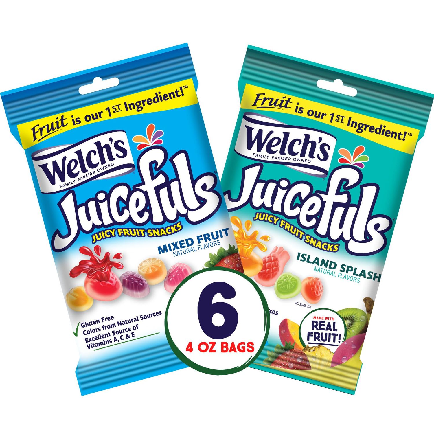 Welch&#39;s Juicefuls Juicy Fruit Snacks, Mixed Fruit &amp; Island Splash Fruit Gushers Variety Pack, Perfect for School Lunches, Gluten Free, 4 oz Sharing Size Bags (Pack of 6)