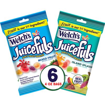 Welch&#39;s Juicefuls Juicy Fruit Snacks, Mixed Fruit &amp; Island Splash Fruit Gushers Variety Pack, Perfect for School Lunches, Gluten Free, 4 oz Sharing Size Bags (Pack of 6)