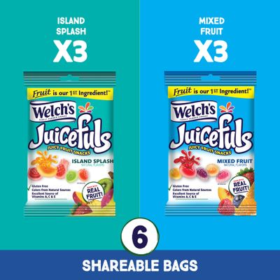 Welch's Juicefuls Juicy Fruit Snacks, Mixed Fruit & Island Splash Fruit Gushers Variety Pack, Perfect for School Lunches, Gluten Free, 4 oz Sharing Size Bags (Pack of 6)