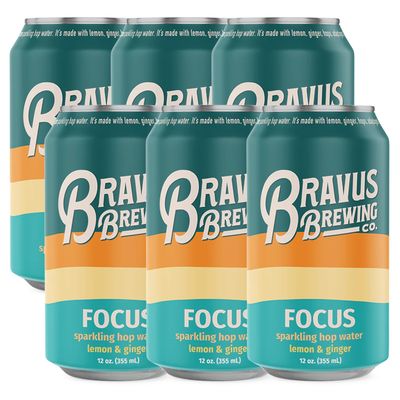 Bravus Focus 6 Pack  Non  Alcoholic Sparkling Hop Water with Organic Ingredients  5 Calo ries 0 Sugar  Lemon  Ginger Flavor  Crafted with Amarillo  Citra Hops Adaptogens Nootropics  12 oz Can