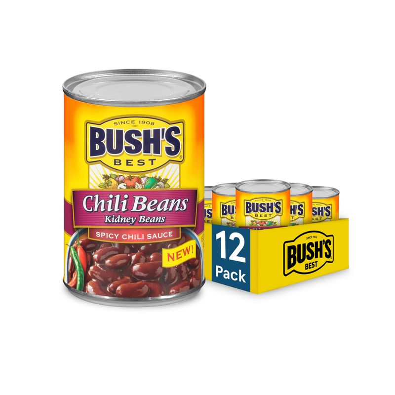 BUSH&#39;S BEST 16 oz Canned Spicy Dark Red Chili Beans, Source of Plant Based Protein and Fiber, (Pack of 12)