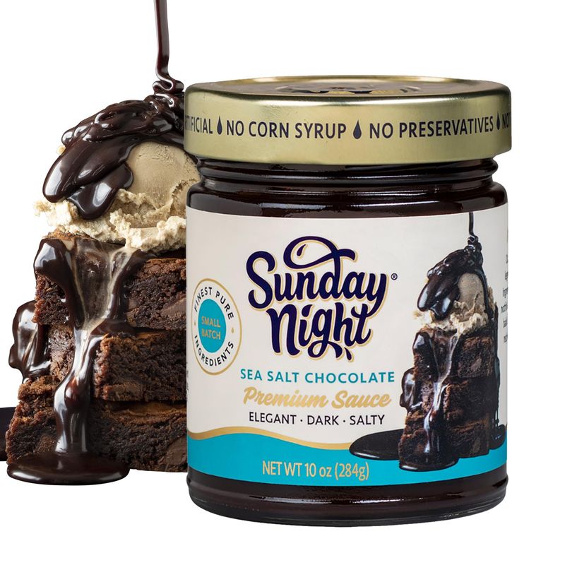 Sunday Night Sea Salt Chocolate Sauce - Luxurious Premium Quality Chocolate Ganache, Premium All-Natural Dessert Topping, Hot Fudge Sauce and Dipping Chocolate, Gluten-Free, No Preservatives - 10oz