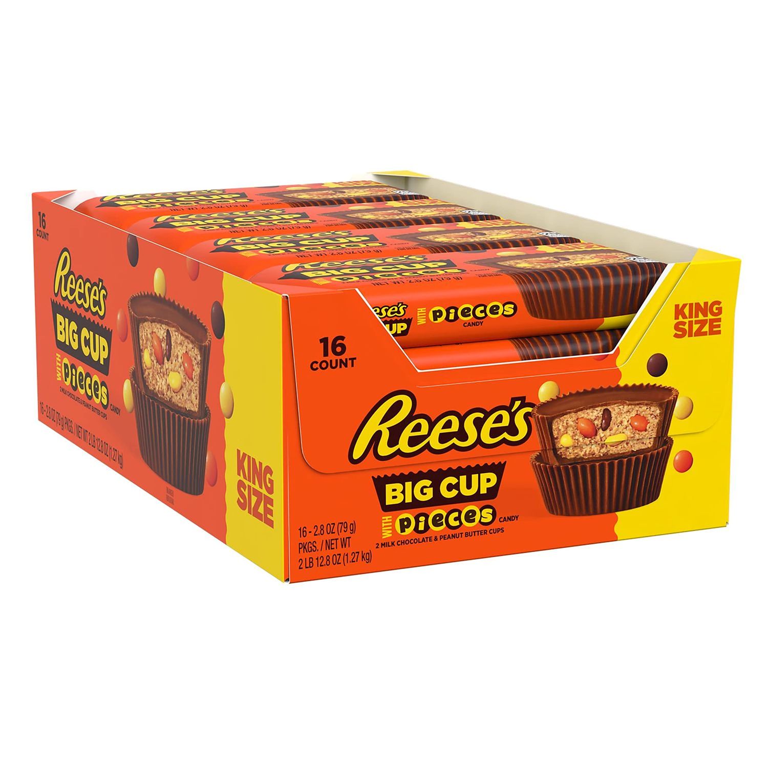REESE&#39;S Big Cup with Pieces Milk Chocolate King Size Peanut Butter Cups, Candy Packs, 2.8 oz (16 Count)