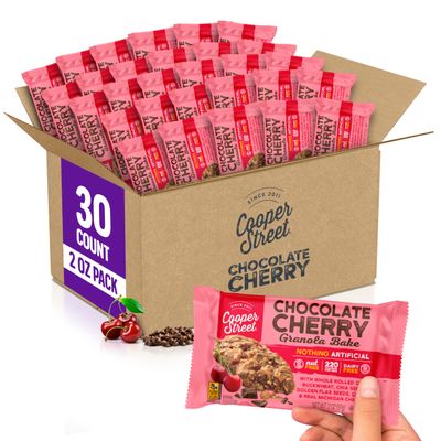 Cooper Street Granola Bars, Chocolate Cherry, 2 oz, 30 Pack, Satiating Granola Bars with Chia, Flax, Buckwheat and Oats, Individually Wrapped, Vegetarian Kosher