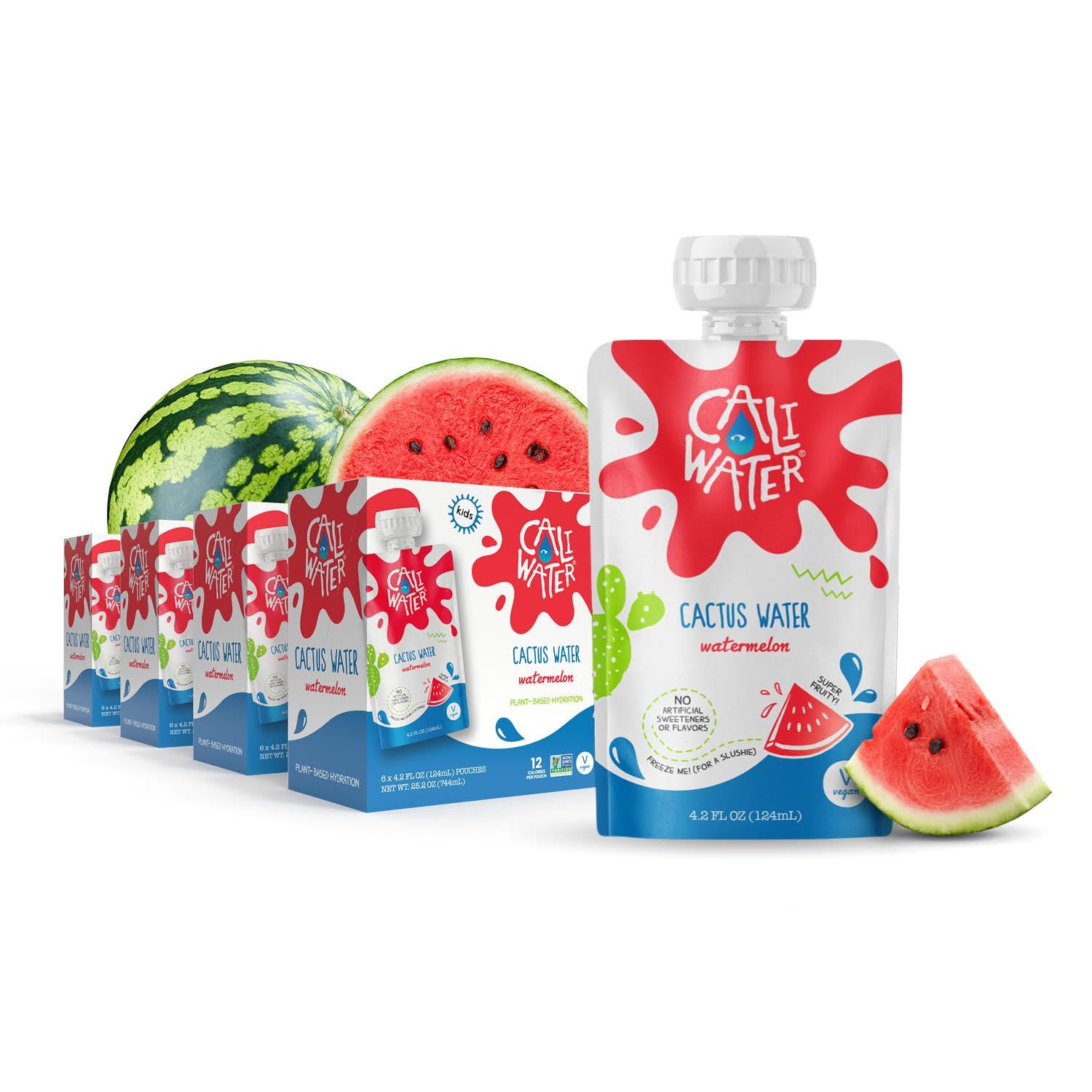 Caliwater - Kids Organic Cactus Water Pouches - Watermelon - 10 Calories - Natural Plant Based Hydration Drinks - Flavored Water - Replaces Coconut Water, Juice Boxes - Vegan, Electrolytes - 24 Count