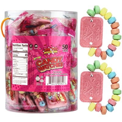 Candy Watches Party Favors for Kids Bulk 50 Count of Pink Individually Wrapped Candy Bracelets with Colorful Fruit Flavor Stretchable Edible Fruity Flavor Rainbow Candies for Party Favor Supplies