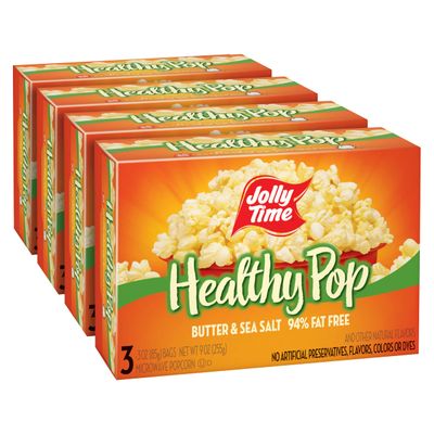 Jolly Time Healthy Pop Buttery Microwave Popcorn, Low Fat Gluten Free Non-GMO, 3oz Sharing Bag, 3 Bags Per Carton (Healthy Pop - Butter &amp; Sea Salt, 3 Ounce (Pack of 12))