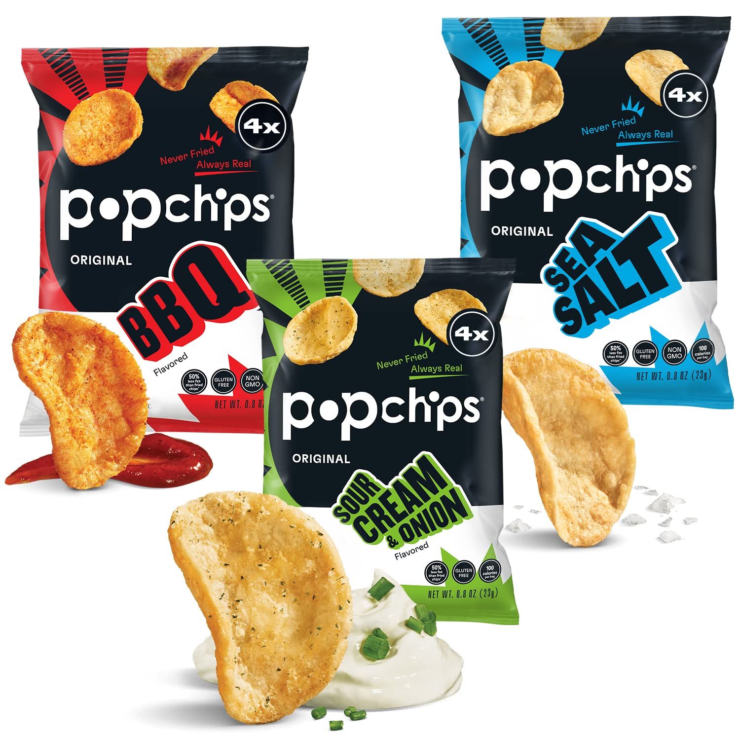 Popchips Potato Chips Variety Pack, Sea Salt, BBQ, Sour Cream &amp; Onion, 12ct Single Serve 0.8oz Bags, Gluten Free, Salty Snacks for Adults and Children, Non-GMO &amp; Kosher, 100 Calories Per Bag