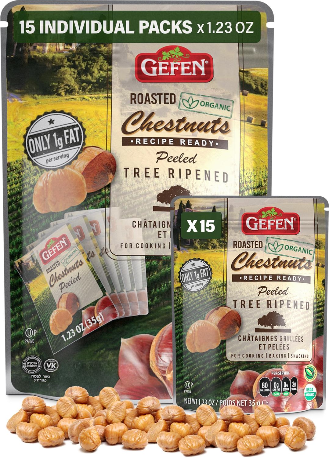 Gefen Organic Whole Roasted &amp; Peeled Chestnuts, 1.23oz (15 Pack) Perfect Grab n&#39; Go Snack | Keto Freindly | Certified Kosher (Including Passover)