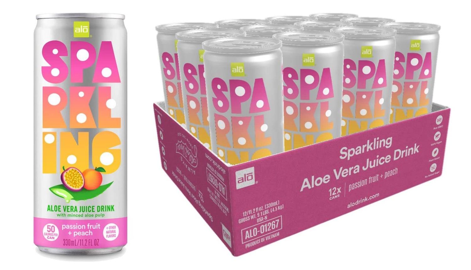 ALO Sparkling Passion Fruit &amp; Peach Carbonated Aloe Vera Juice Drink | 11.2 fl oz, Pack of 12 | Plant-Based Beverage, Vegan