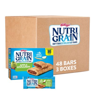 Nutri-Grain Soft Baked Breakfast Bars, Made with Whole Grains, Kids Snacks, Value Pack, Apple Cinnamon (3 Boxes, 48 Bars)