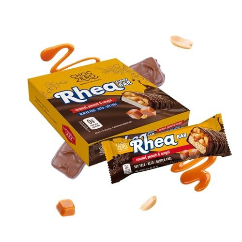 ChocZero Milk Chocolate Peanut &amp; Caramel Nougat Candy Bar, Zero Sugar Added, High Fiber, Full Size Rhea Bars (6 per Box)