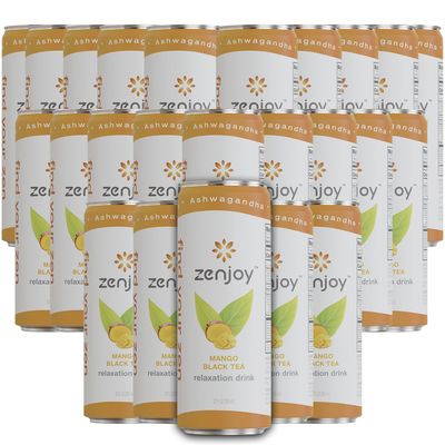 Zenjoy Mango Black Tea Relaxation Drink 24 Pack - Calming Drink with Ashwagandha &amp; Lemon Balm - Non-Alcoholic Beverage Infused with L-Theanine for Enhanced Focus - 12oz Cans