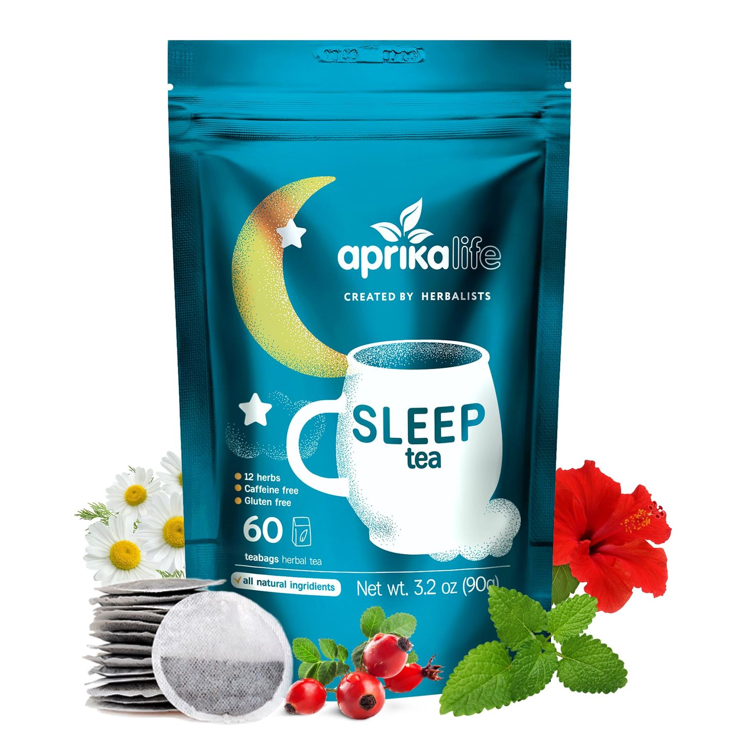 Aprika Life Sleep Tea for Bedtime Relaxation &amp; Stress Relief - Natural Caffeine-Free Herbal Nighttime Tea with Chamomile, Lavender, Mint &amp; Hibiscus - No Melatonin Sleep Aid - Relaxing Tea Bags 60 Pack