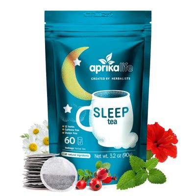 Aprika Life Sleep Tea for Bedtime Relaxation &amp; Stress Relief - Natural Caffeine-Free Herbal Nighttime Tea with Chamomile, Lavender, Mint &amp; Hibiscus - No Melatonin Sleep Aid - Relaxing Tea Bags 60 Pack