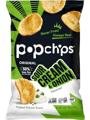 Popchips Potato Chips, Sour Cream  Onion, 4ct 5.0oz Share Bags, Low-Calorie and Gluten Free, Salty Snacks for Adults and Children, Kosher Snack, 130 Calories Per Serving