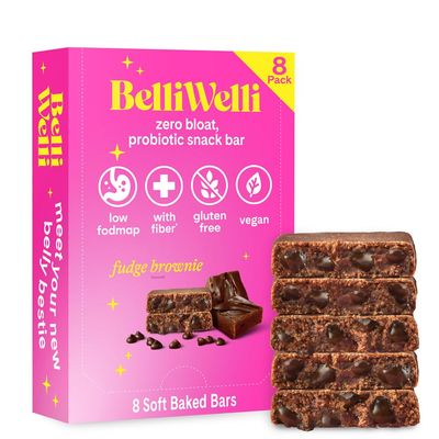 Belliwelli Soft Baked Probiotic Snack Bars | Gluten-Free, Dairy-Free, Vegan, Low-FODMAP | High-Fiber, Healthy &amp; Tasty | Fudge Brownie (8 Pack)