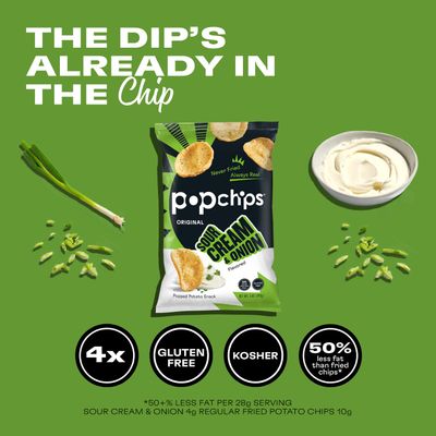 Popchips Potato Chips, Sour Cream Onion, 4ct 5.0oz Share Bags, Low-Calorie and Gluten Free, Salty Snacks for Adults and Children, Kosher Snack, 130 Calories Per Serving