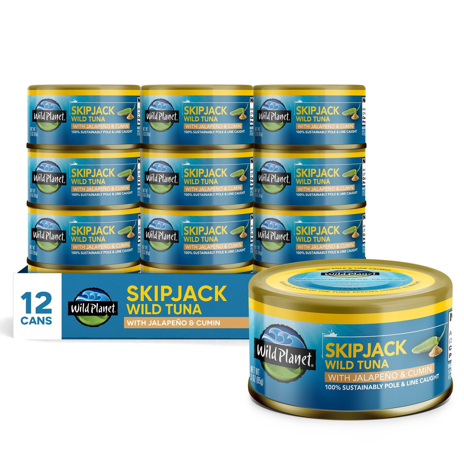 Wild Planet Wild Skipjack Tuna with Jalepeno &amp; Cumin Tinned Fish, Canned Tuna, Sustainably Wild-Caught, 3 oz pack of 12