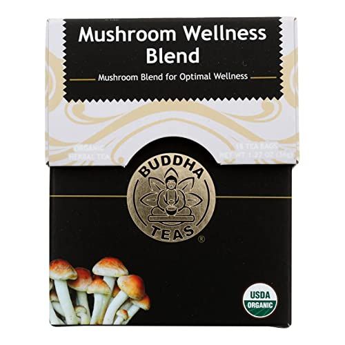 Buddha Teas - Organic Mushroom Wellness Blend - Herbal Tea - For Health &amp; Wellbeing - With Antioxidants &amp; Minerals - Clean Ingredients - Caffeine Free - OU Kosher &amp; Non-GMO - 18 Tea Bags (Pack of 1).