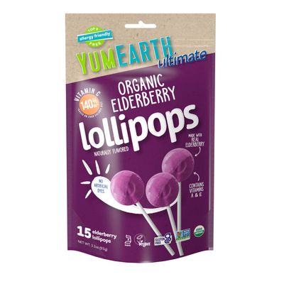 YumEarth Ultimate Organic Elderberry Pops, 15 count, Allergy Friendly, Gluten Free, Non-GMO, Vegan, No Artificial Flavors or Dyes