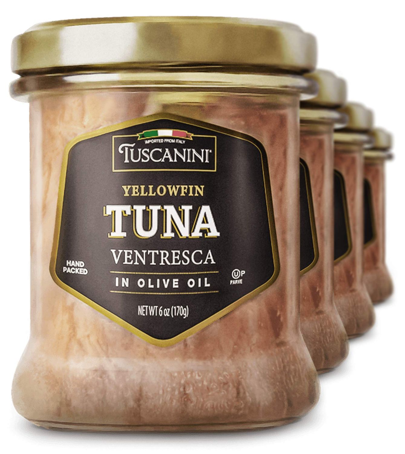 Tuscanini Real Italian Yellowfin Ventresca Tuna in Pure Olive Oil 6oz (4 Pack), The Filet Mignon of Fish, Gluten Free, Soy Free, Mineral Enriched, Soft &amp; Buttery Mouth Feel, Product of Italy