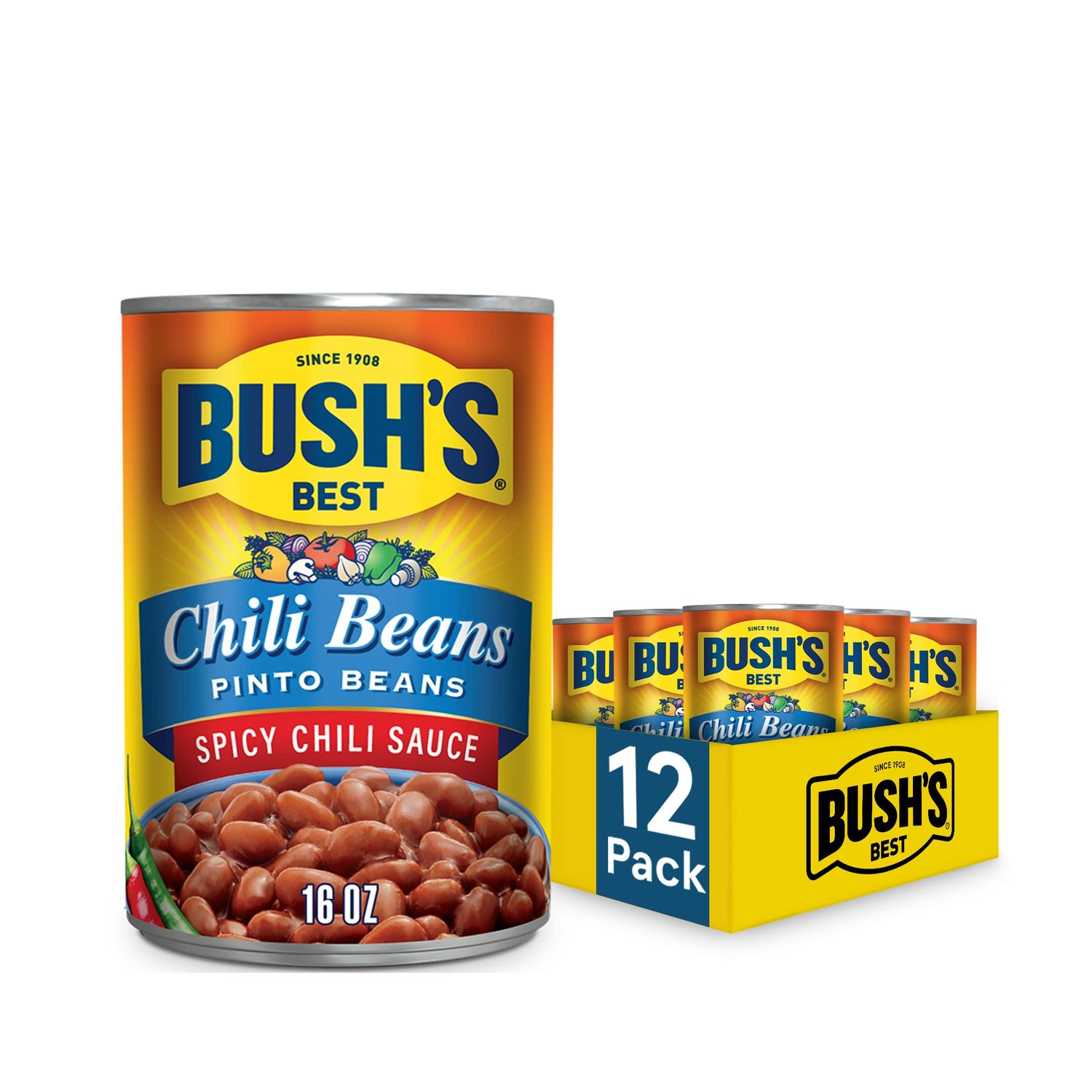 BUSH'S BEST Canned Pinto Beans in a Hot Chili Sauce (Pack of 12), Source of Plant Based Protein and Fiber, Low Fat, Gluten Free, 16 oz