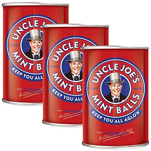 Uncle Joe&#39;s Mint Balls | Handcrafted British Candy | with Peppermint Oil | Long Lasting &amp; Breath Refreshing Minty Flavor | Individually Wrapped Hard Candy | Tin Pack | 4.23 Oz (Pack of 3)