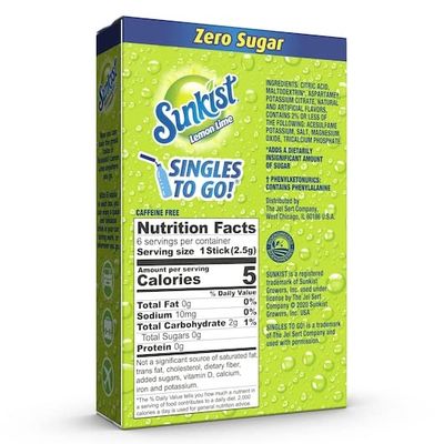 Sunkist Singles To Go Drink Mix Lemon Lime, 3 Boxes with 6 Packets Each -18 Total Servings