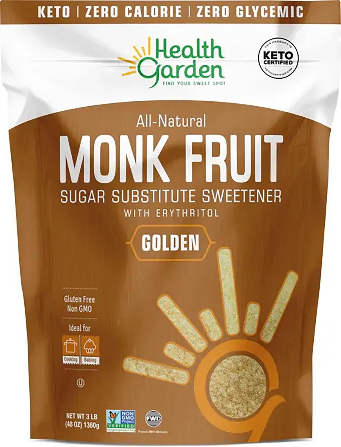 HEALTH GARDEN Monk Fruit Sweetener, Golden- Non GMO - Gluten Free - Sugar Substitute - Kosher - Keto Friendly (3 lbs) (9505)