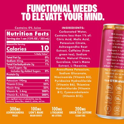 GYM WEED Caffeine + Adaptogen Drink with 200mg Caffeine from Green Tea, Ashwagandha, Lions Mane Mushroom, L Theanine, B Vitamins, and Electrolytes, Zero Sugar Drinks, Mango Razz, 12 Pack